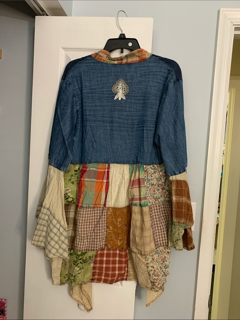 Denim Embroidery Patchwork Kimono with Bell Sleeves - Picture 2 of 3